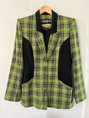 Vintage Cache Criscione Green Blazer Jacket Plaid Clueless 80s Shoulder Pads